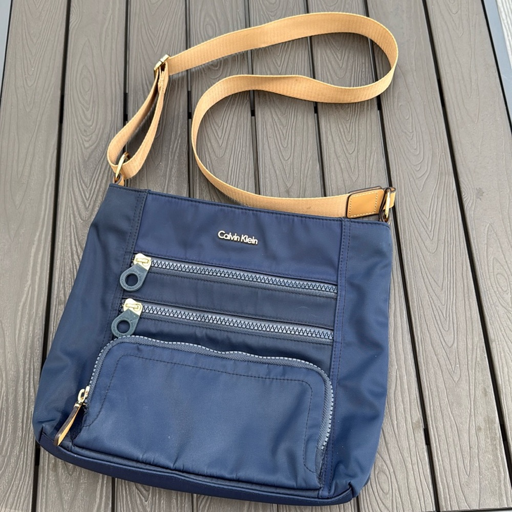 Calvin Klein Blue and Tan Crossbody Bag with Modern Design